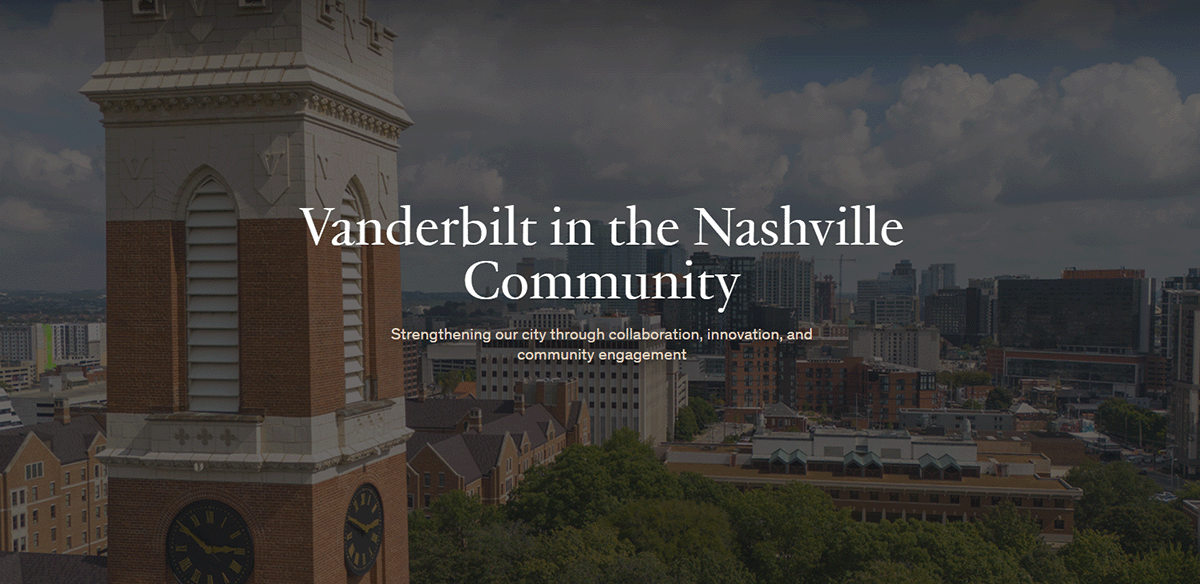 Aerial view of Vanderbilt’s Kirkland Hall tower with downtown Nashville skyline and text reading “Vanderbilt in the Nashville Community.”