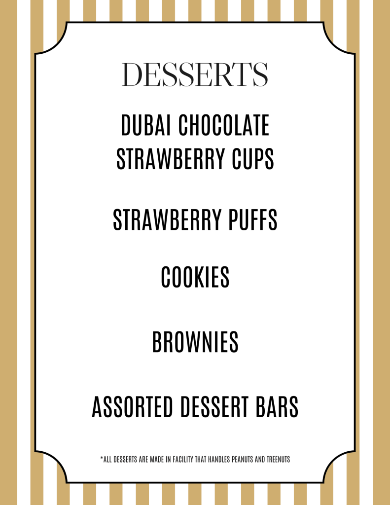 This is a menu outlining deserts offered at Commencement Celebration.