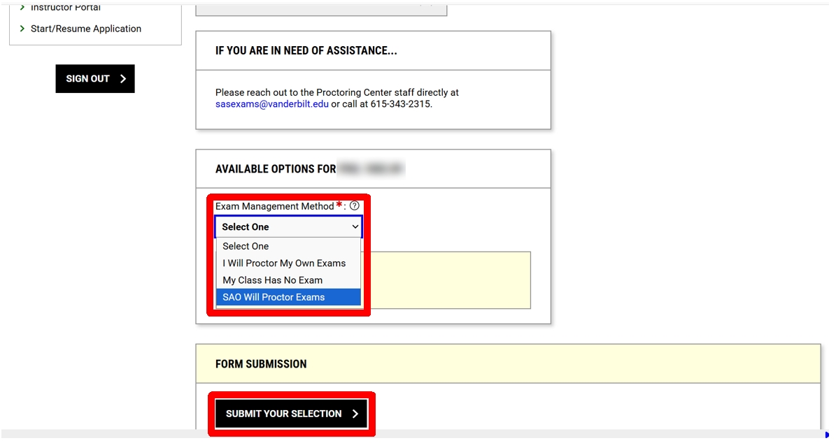 SAO will proctor my exams selected and submit your selection button highlighted