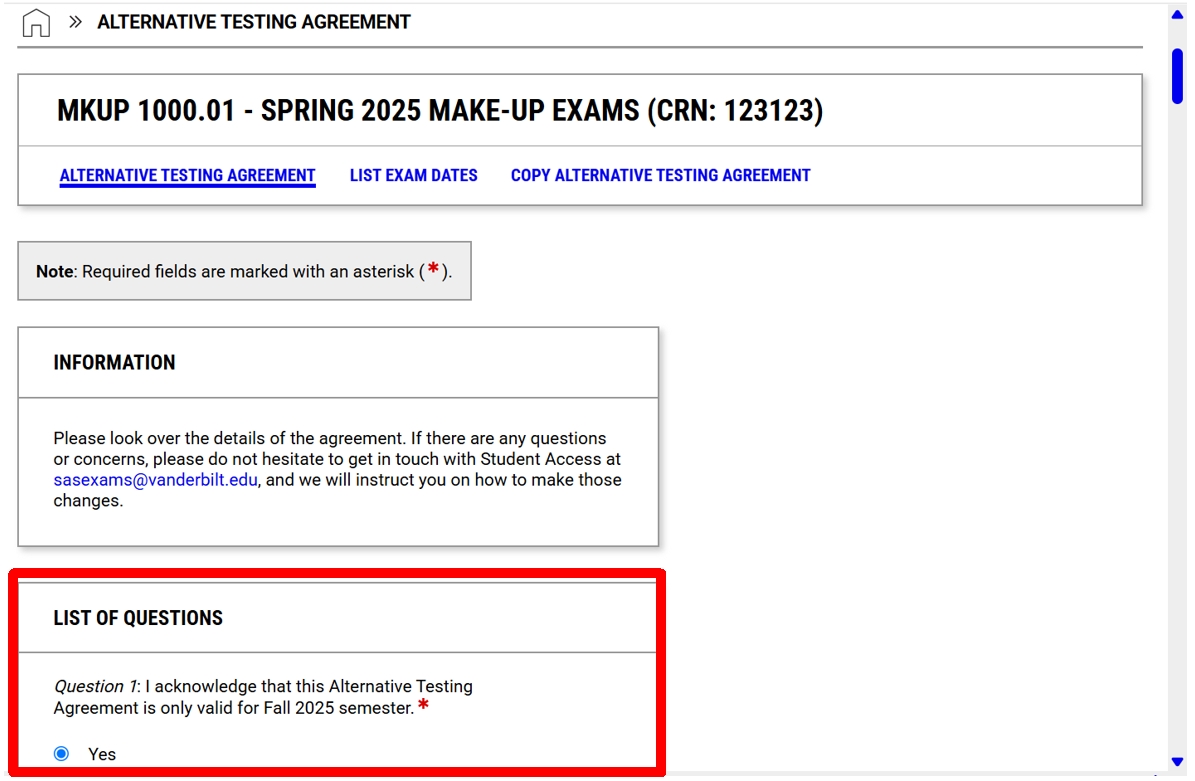 alternative testing agreement with list of questions highlighted