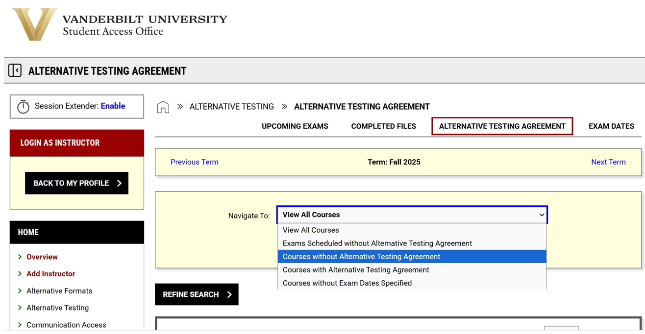 screenshot of alternative testing section with four options available in the navigate to drop down