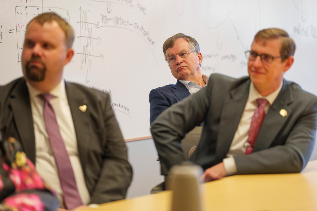 Assistant Vice Chancellor for State Government Relations Daniel Culbreath, Sen. Bill Powers, R-Clarksville, and Department of Veterans Services representative Peter Roth at Vanderbilt University on Nov. 13. Photo credit: Vanderbilt University.