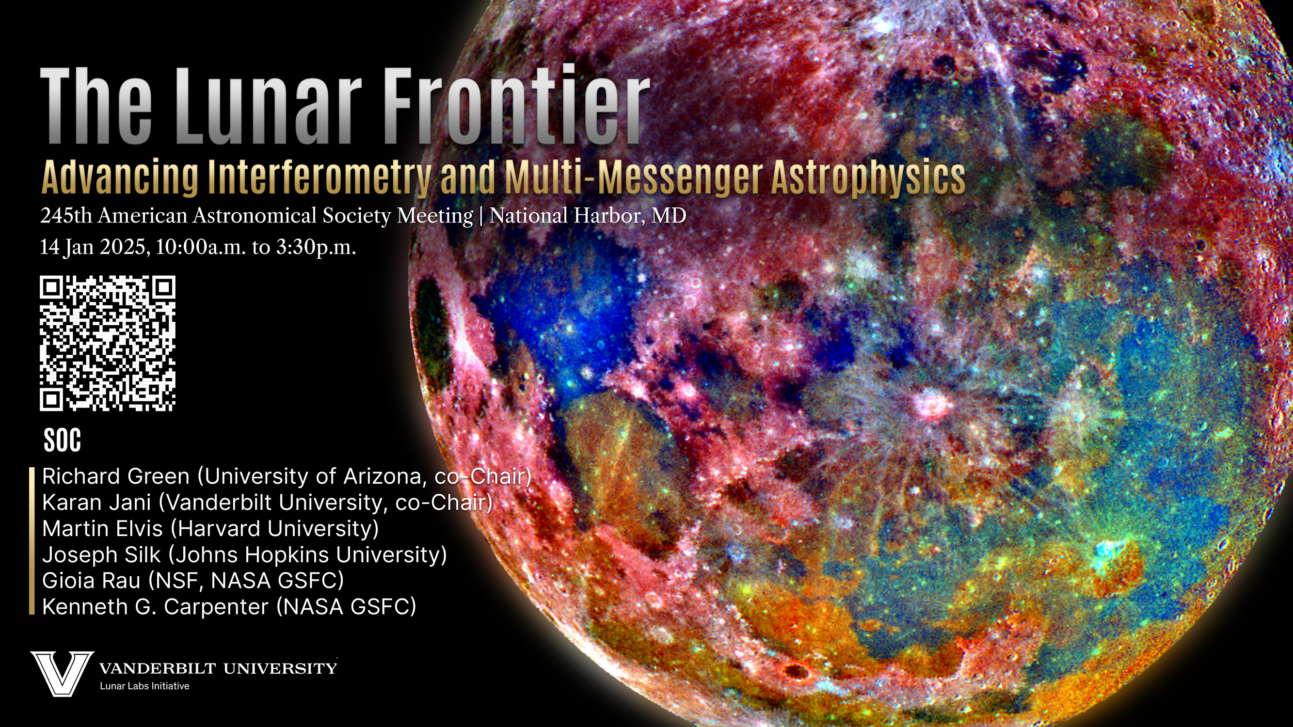 A poster featuring text overlaid over a false-color photograph of the Moon, captured by NASA Galileo.