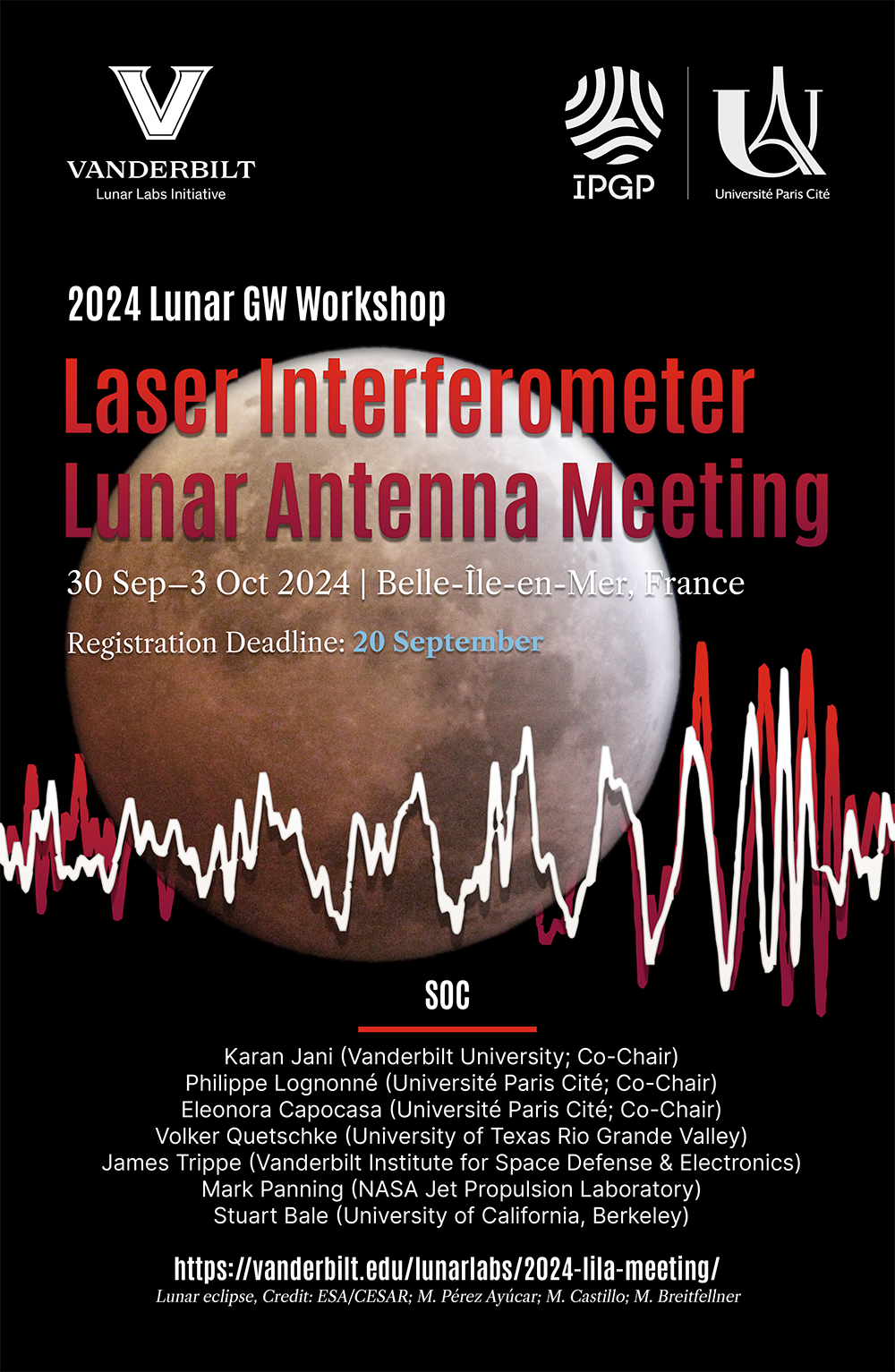 A poster featuring text overlaid over a photo of a large lunar crater. The poster lists the hotel booking deadline as 3 September, and the registration and abstract submission deadlines as 14 September.