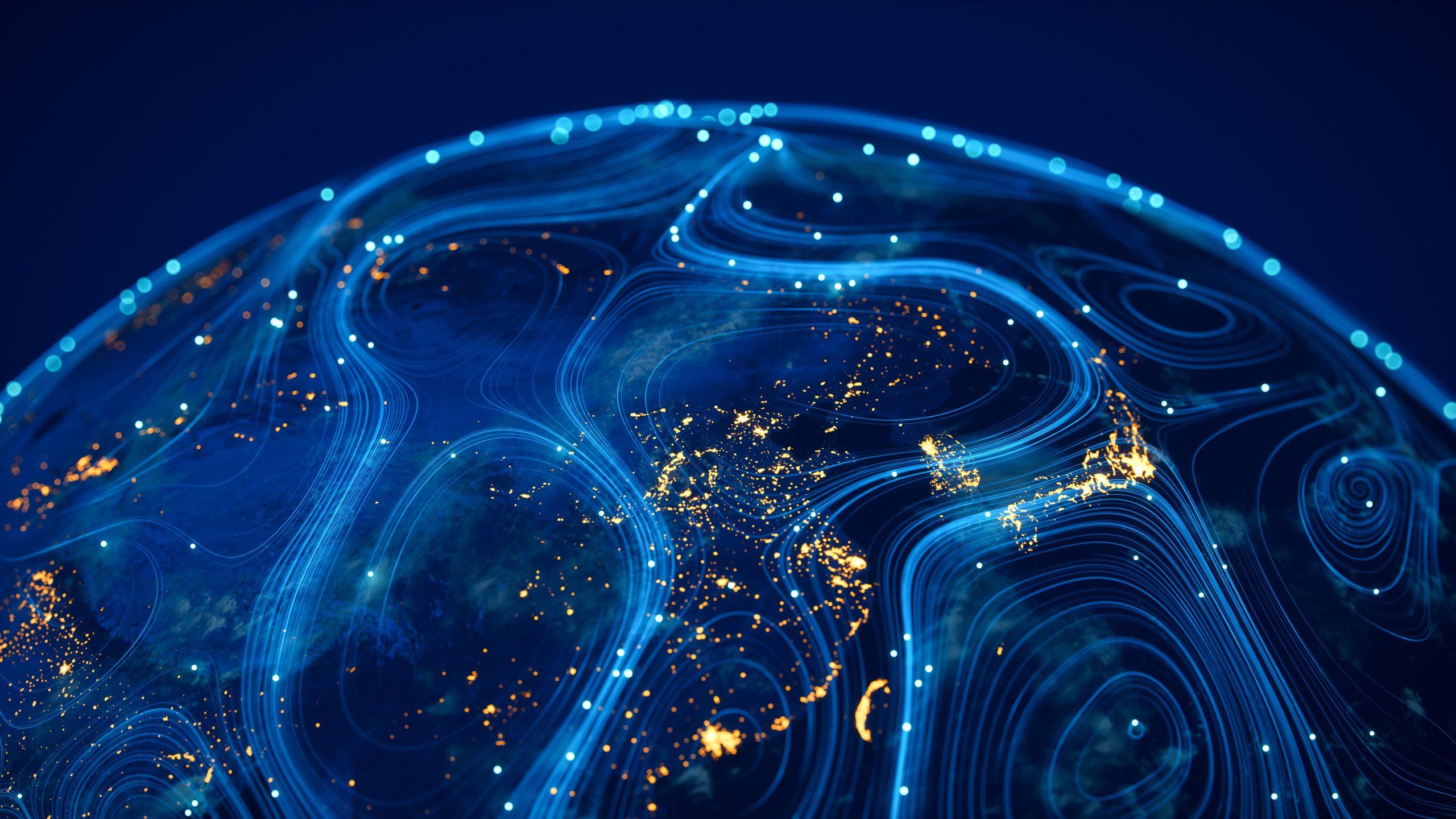 World seen from above with bright blue lights snaking the terrain