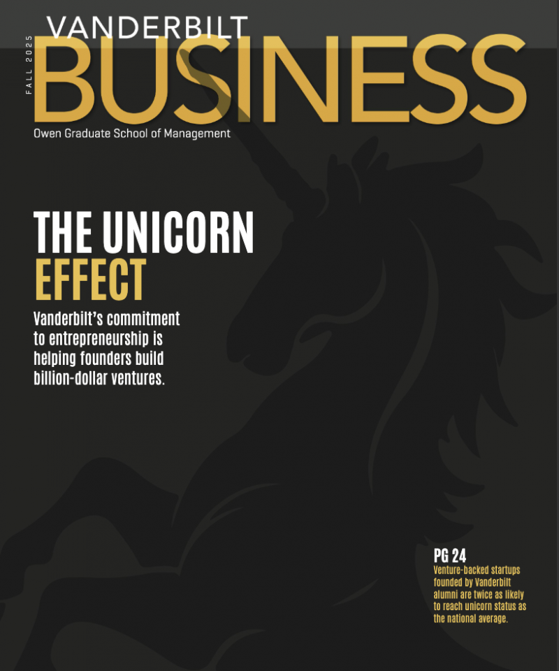 Fall 2025 Vanderbilt Business Magazine Cover with unicorn on it