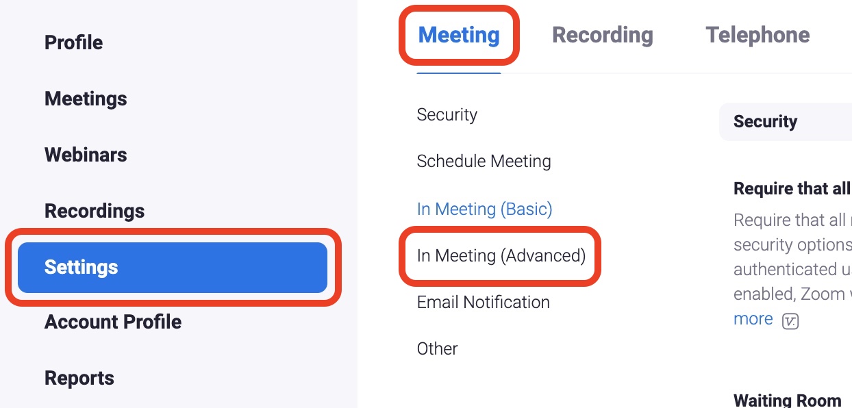 Settings on vanderbilt.zoom.us, In-meeting advanced is circled