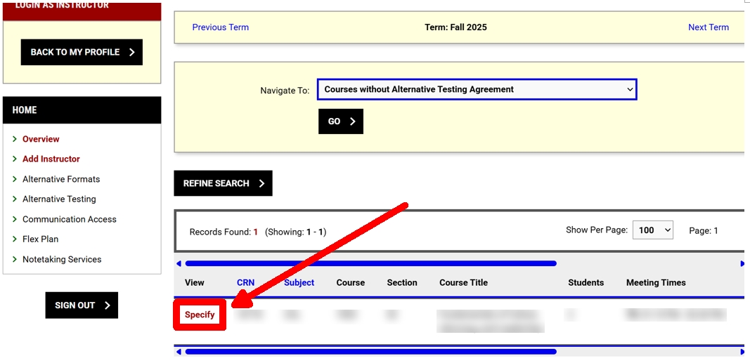 arrow pointing to the specify link for a fictional university course