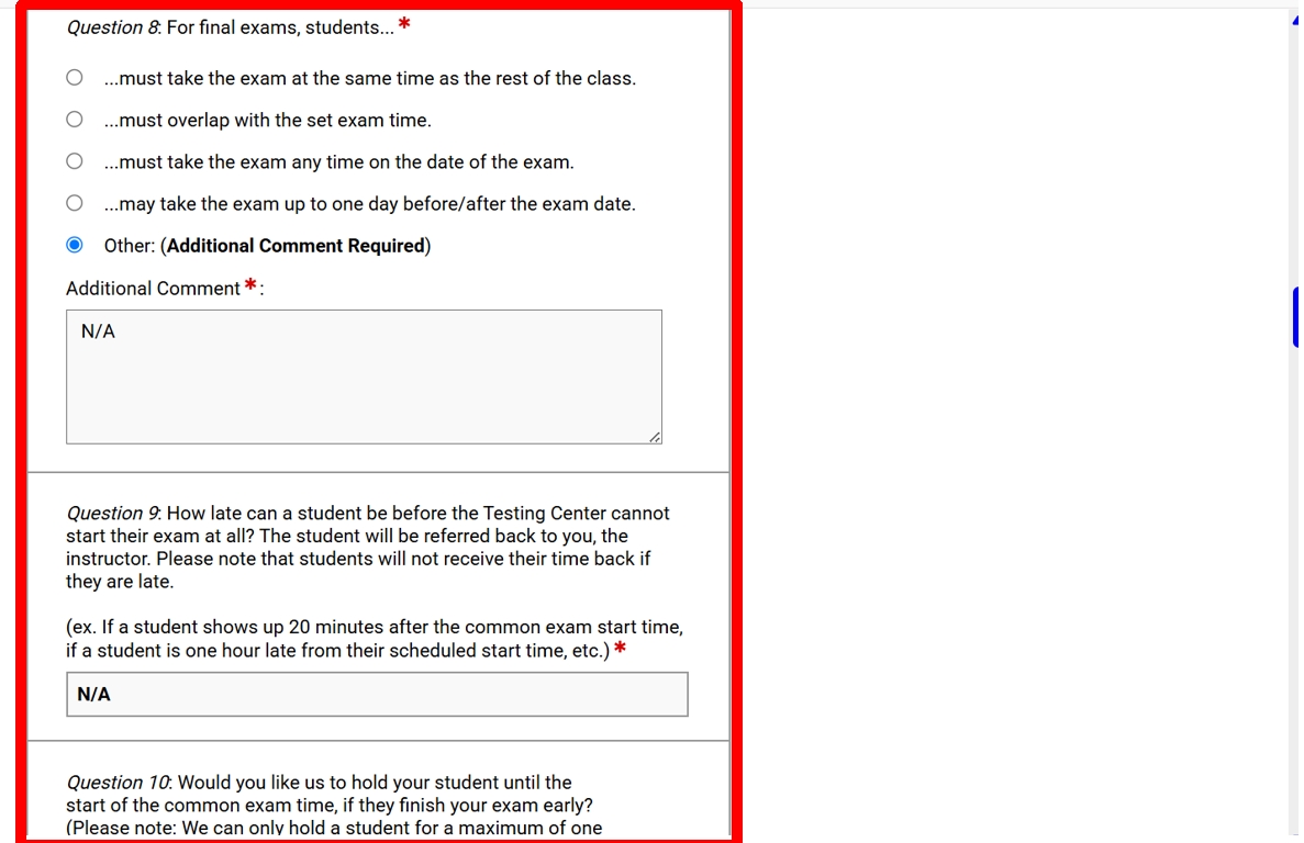 alternative testing agreement with questions highlighted