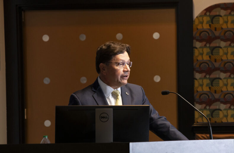 Juan C. Salazar, MD, MPH, delivers his inaugural State of the Department of Pediatrics address. (photo by Susan Urmy)