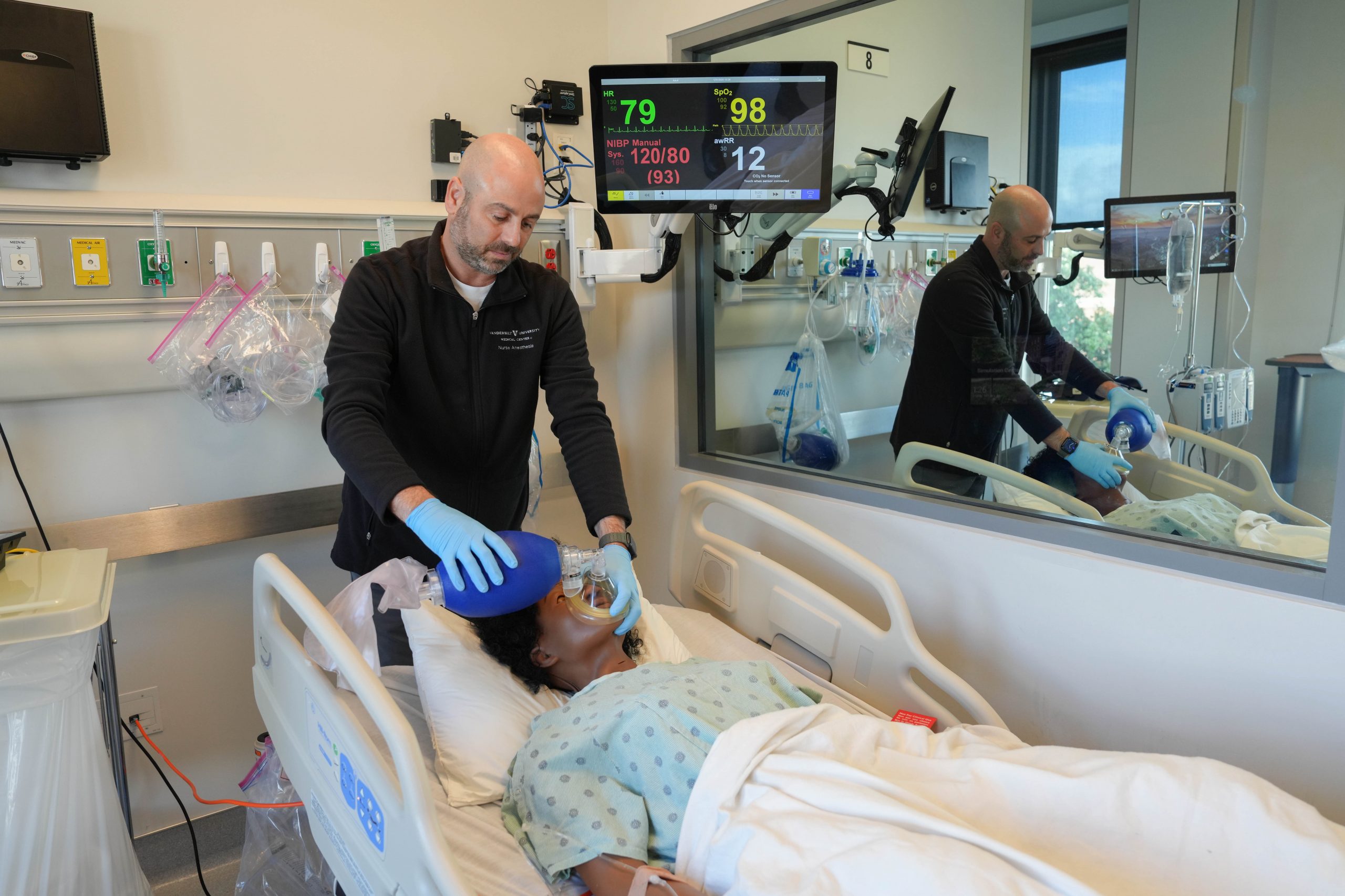 Nurse Anesthesia Program Director Brent Dunsworth demonstrates CRNA skills in VUSN's simulation lab