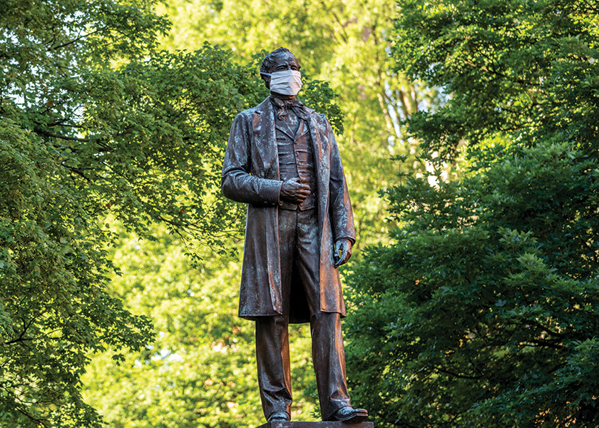 Cornelius Vanderbilt statue with mask