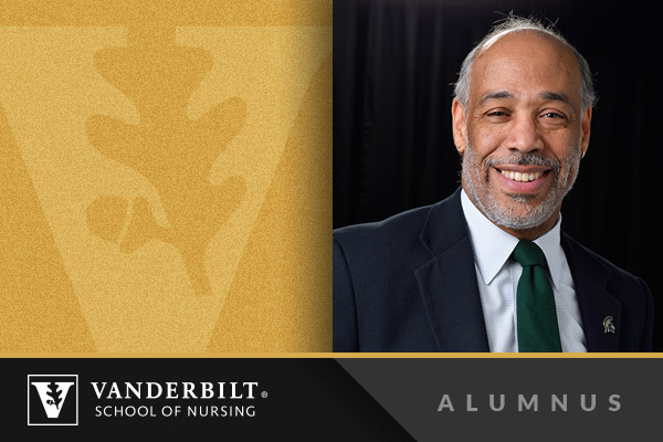 Gold Vanderbilt logo next to headshot of VUSN alumnus Randy Rasch