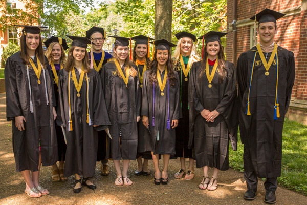 The 2016 Founder’s Medalists are (Front, l–r): Leslie Katherine Bruce; Amy Victoria Thompson; Julie Anne Schnur; Felicia Hanitio; Samantha Tashman McGlothlin; and Andrew T. Niemeier. Back (l–r): Lauren Messonnier Meyers; Andrew Joseph Hines; Jessica Nicole Walker; and Mary Ellen Irene Koran. (Daniel Dubois/Vanderbilt)