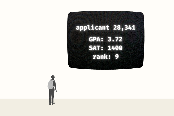 Graphic depicting an individual looking at a screen that displays class rankings and standardized test scores in glowing numbers. (Hustler Multimedia/Lexie Perez)