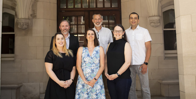 The study team included (front row, from left) Kelsey Voss, PhD, Rachel Bonami, PhD, Erin Wilfong, MD, PhD, (back row, from left) Jonathan Irish, PhD, Jeff Rathmell, PhD, and Ivelin Georgiev, PhD.