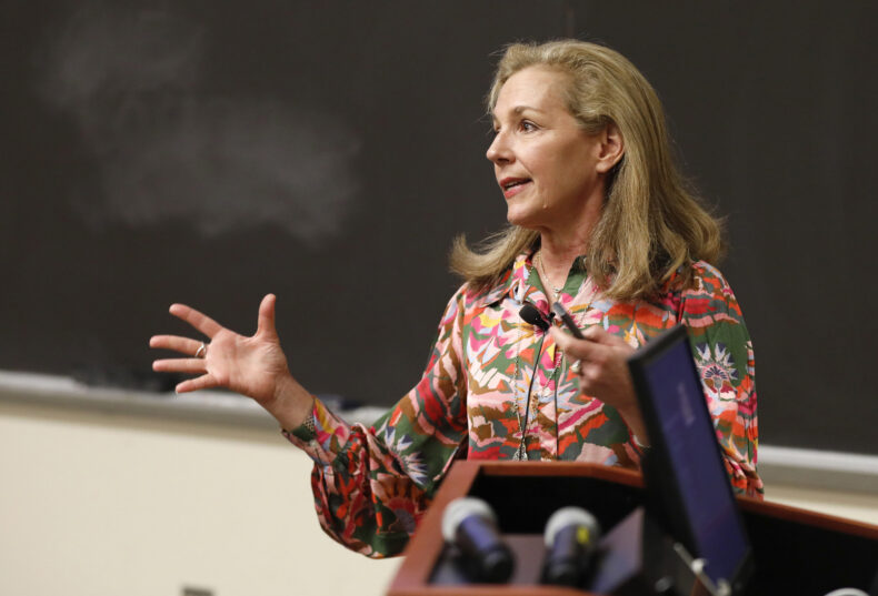 Karen Keady, PhD, RN, NEA-BC, speaks during the quarterly Nursing Grand Rounds. (photo by Donn Jones)